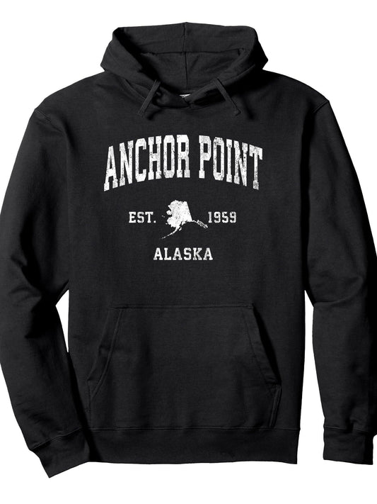 Anchor Point Alaska AK Vintage Athletic Sports Design Pullover Hoodie Anchor Black 250gsm Cotton Long Sleeve Men Casual Hoodie