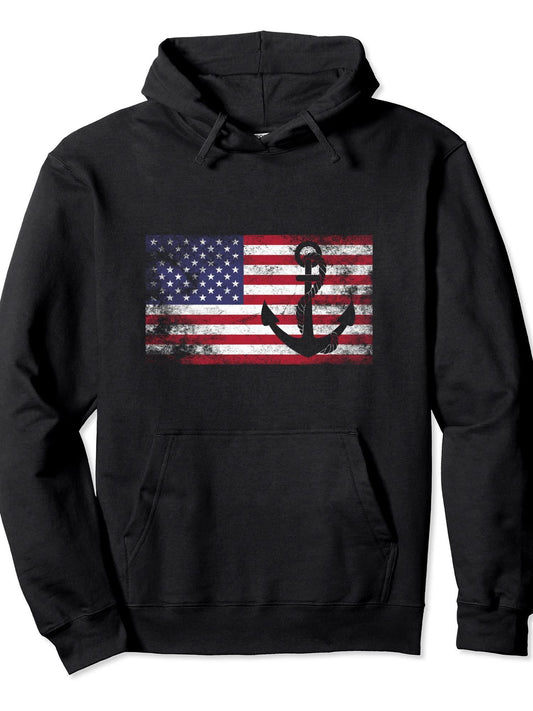 Anchor USA American Flag Nautical Sea Patriotic Anchor Pullover Hoodie Anchor Black 250gsm Cotton Long Sleeve Men Casual Hoodie