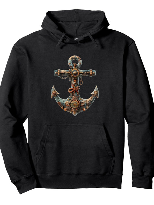 Steampunk Anchor Vintage Art Men Women Kids Retro Pullover Hoodie Anchor Black 250gsm Cotton Long Sleeve Men Casual Hoodie
