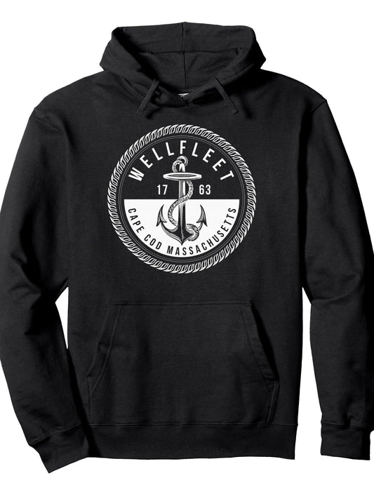 Wellfleet Cape Cod Vintage Anchor Pullover Hoodie Anchor Black 250gsm Cotton Long Sleeve Men Casual Hoodie