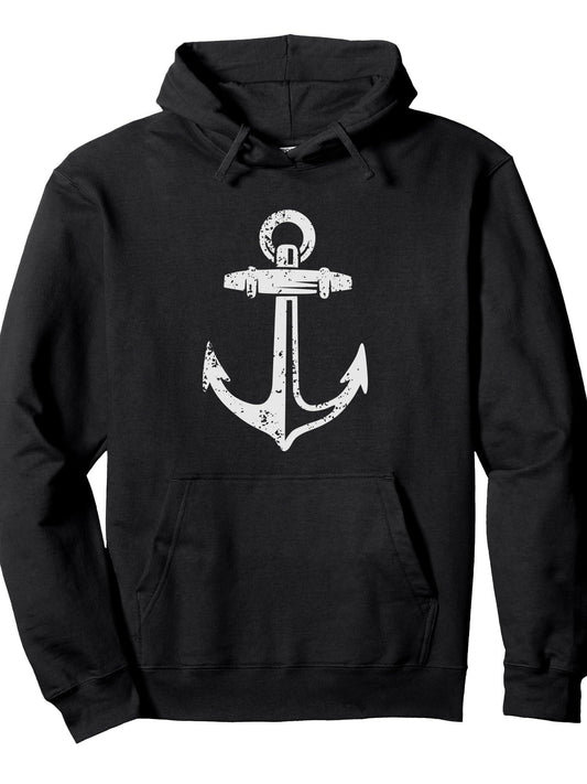 Vintage Nautical Boat Anchor Pullover Hoodie Anchor Black 250gsm Cotton Long Sleeve Men Casual Hoodie