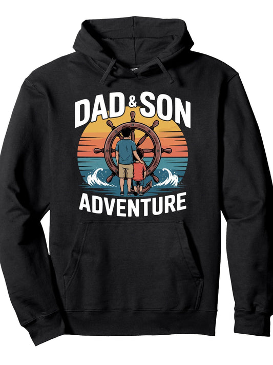 Father Son Sailing Adventure Retro Sunset Nautical Ship Pullover Hoodie Anchor Black 250gsm Cotton Long Sleeve Men Casual Hoodie