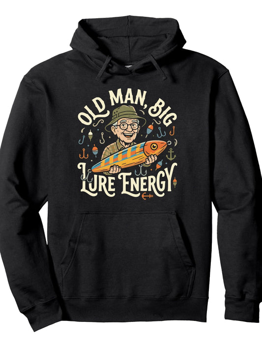 Old Man Big Lure Energy Funny Fishing Graphic Pullover Hoodie Anchor Black 250gsm Cotton Long Sleeve Men Casual Hoodie