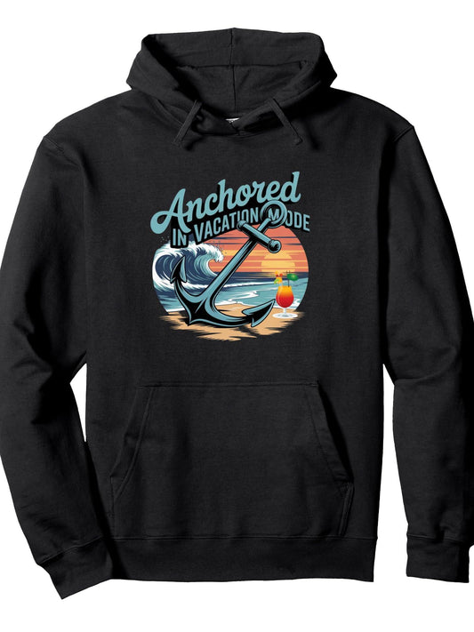 Anchored in Vacation Mode – Retro Cruise Beach Shirt Pullover Hoodie Anchor Black 250gsm Cotton Long Sleeve Men Casual Hoodie