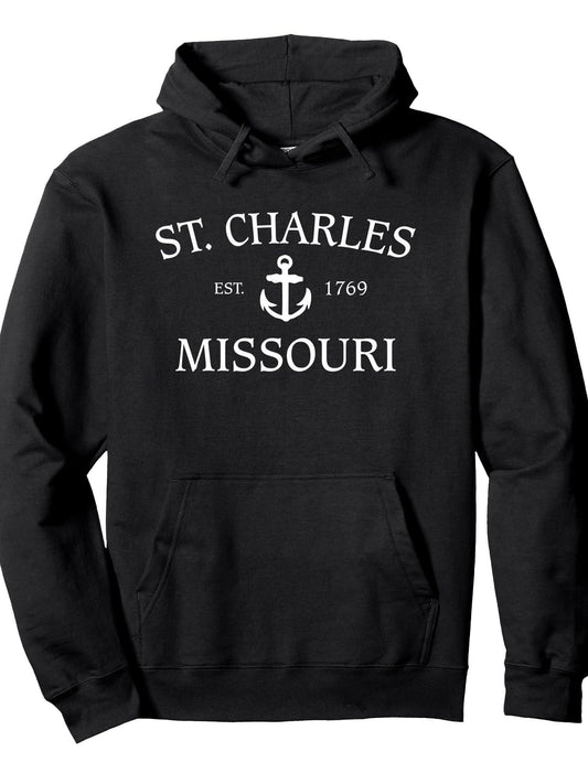 St. Charles Missouri Est 1769 Anchor Vintage River Town Pullover Hoodie Anchor Black 250gsm Cotton Long Sleeve Men Casual Hoodie
