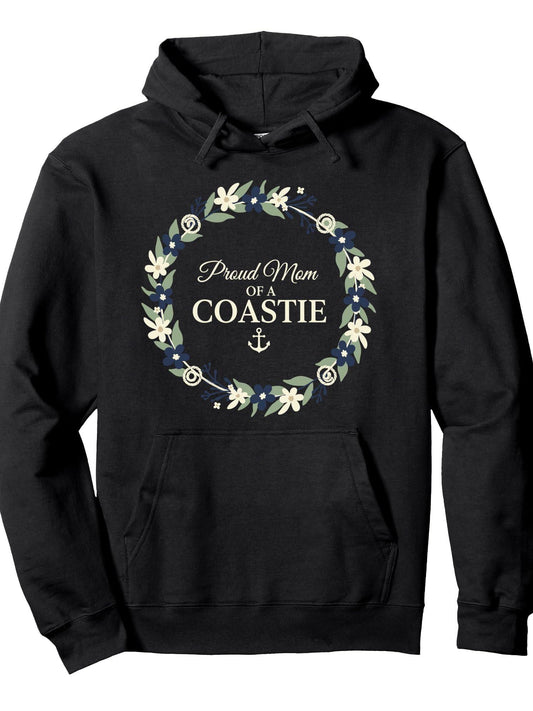 Proud Mom of a Coastie Anchor Floral Wreath Family Pullover Hoodie Anchor Black 250gsm Cotton Long Sleeve Men Casual Hoodie