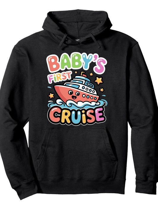 Baby's First Cruise Cute Kawaii Nautical Family Vacation Pullover Hoodie Anchor Black 250gsm Cotton Long Sleeve Men Casual Hoodie