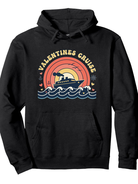 Valentines Cruise Retro Sunset Love Romantic Couple Matching Pullover Hoodie Anchor Black 250gsm Cotton Long Sleeve Men Casual Hoodie