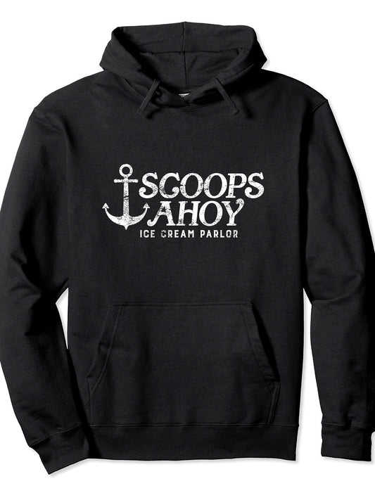 Scoops Ahoy Ice Cream Parlor Pullover Hoodie Anchor Black 250gsm Cotton Long Sleeve Men Casual Hoodie